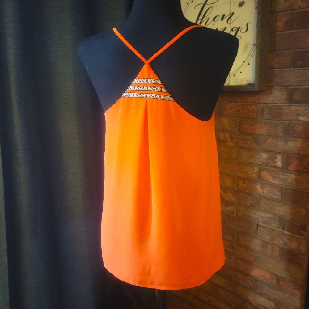 Naked Zebra Orange Strappy Flowy Tank Blouse - Embroidered Accent - Size S - Picture 6 of 9
